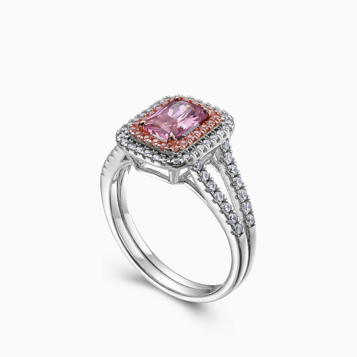 Small Diamonds Surround Fancy Pink Sterling Silver Ring - dissoojewelry