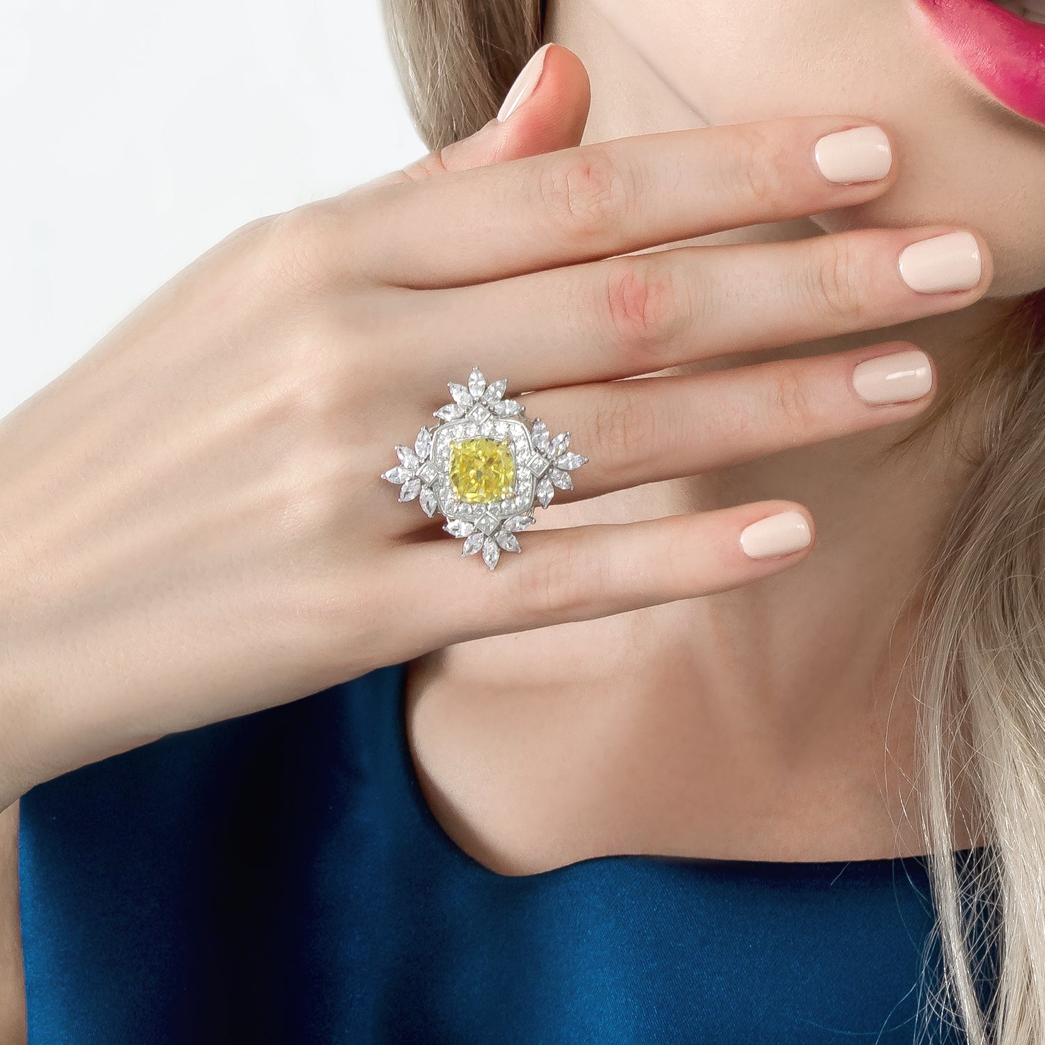 Yellow Cushion Cut Gemstone & White Cluster Wreath Ring - dissoojewelry