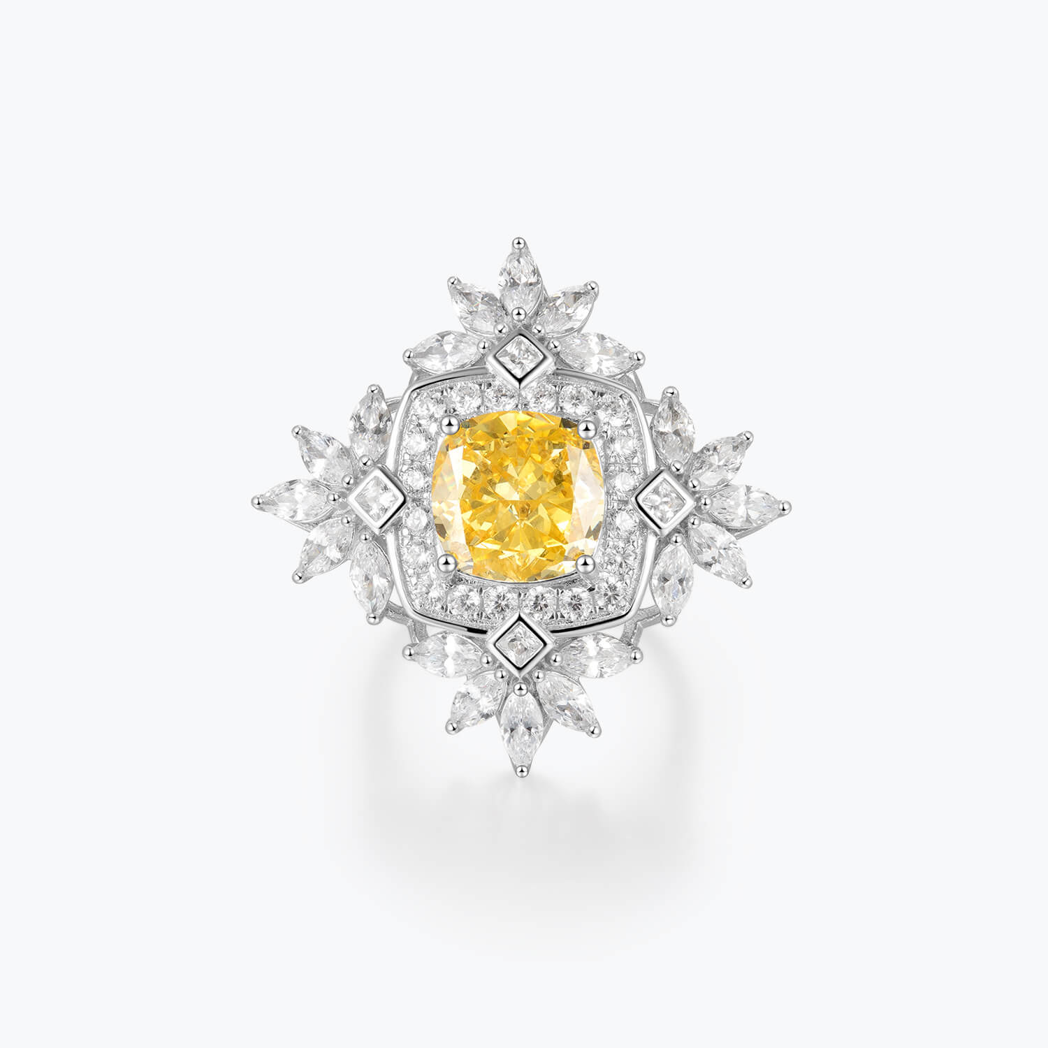 Yellow Cushion Cut Gemstone & White Cluster Wreath Ring - dissoojewelry