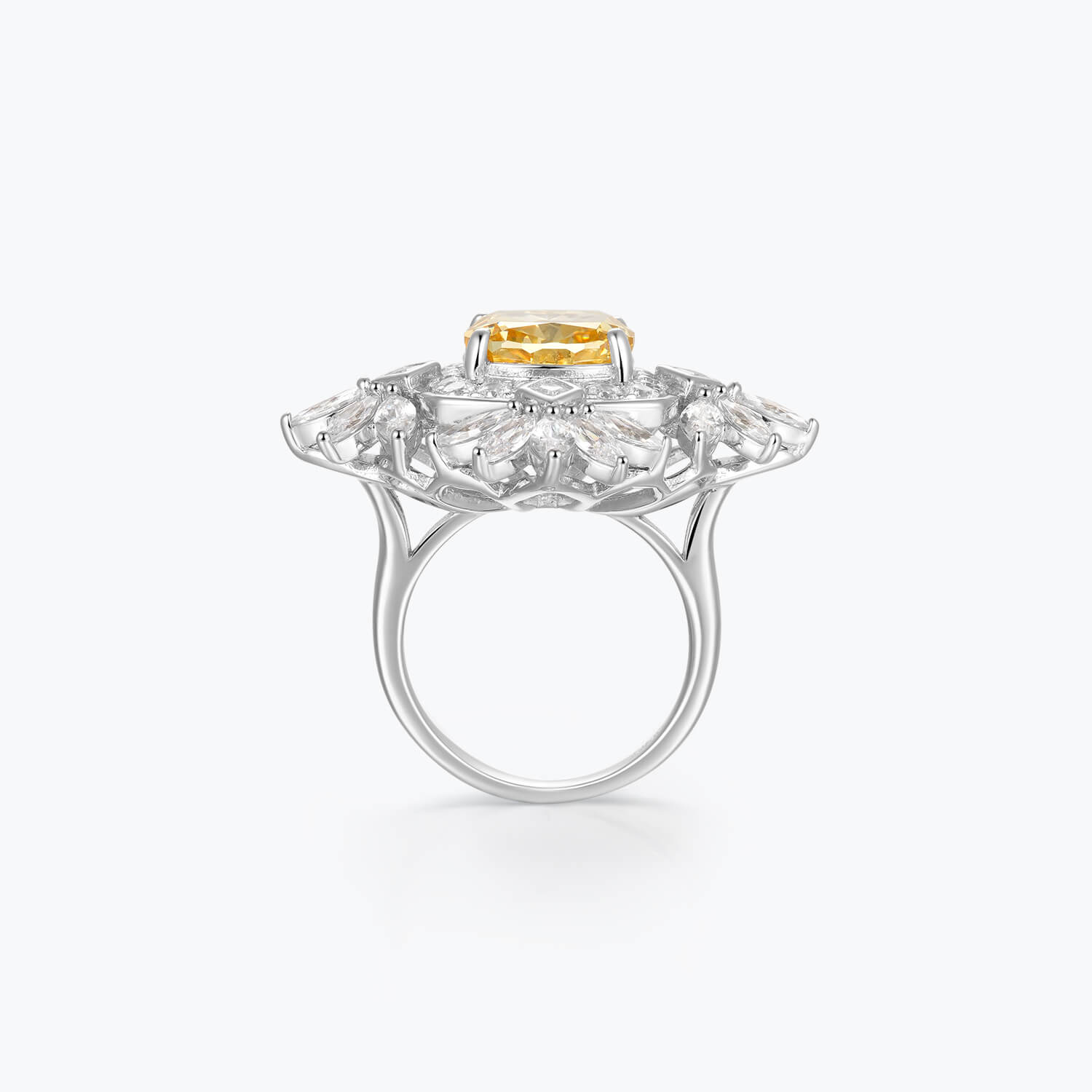 Yellow Cushion Cut Gemstone & White Cluster Wreath Ring - dissoojewelry