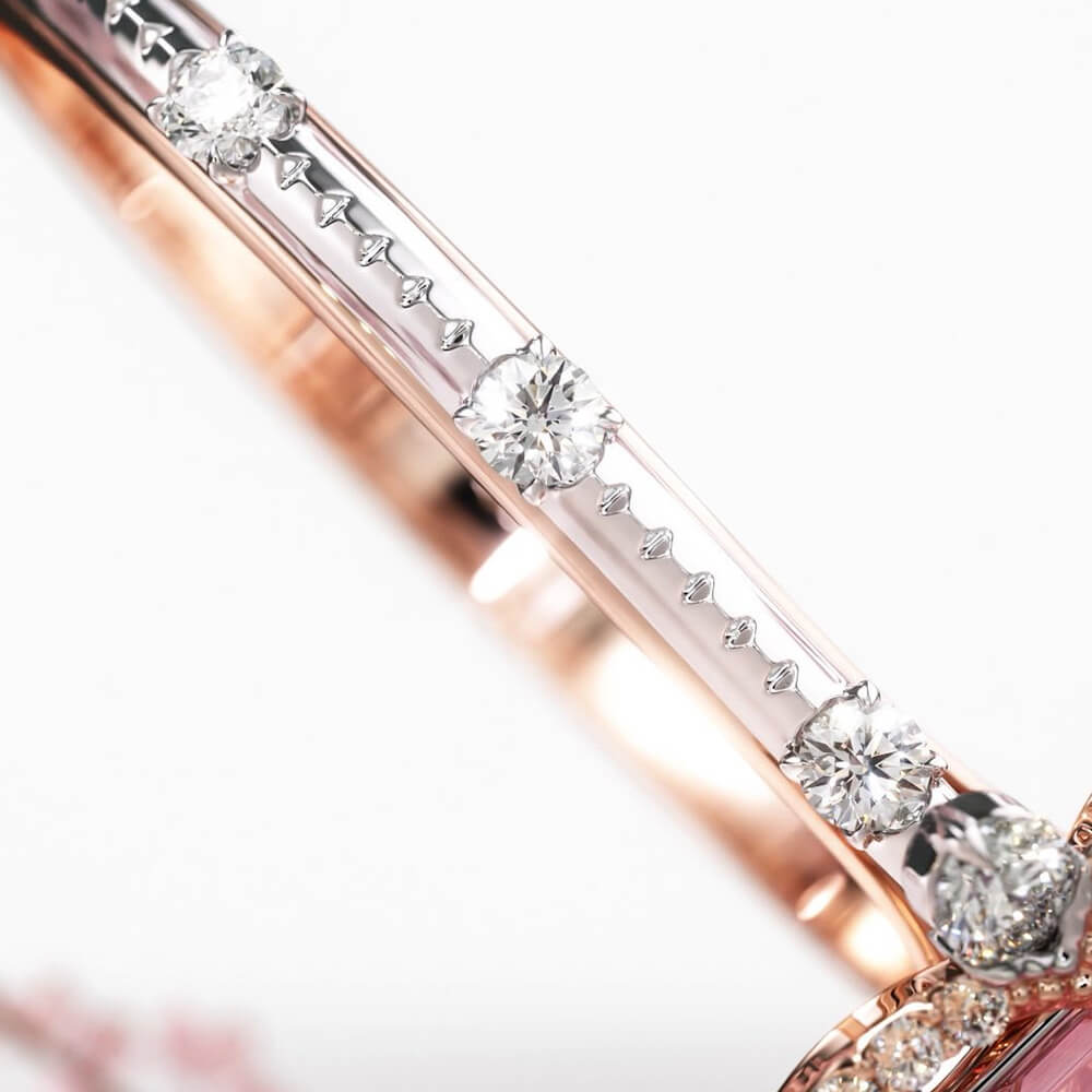 Verlobungsring mit schwebendem Halo-Design und strahlend geschliffenem, ausgefallenem rosa Edelstein