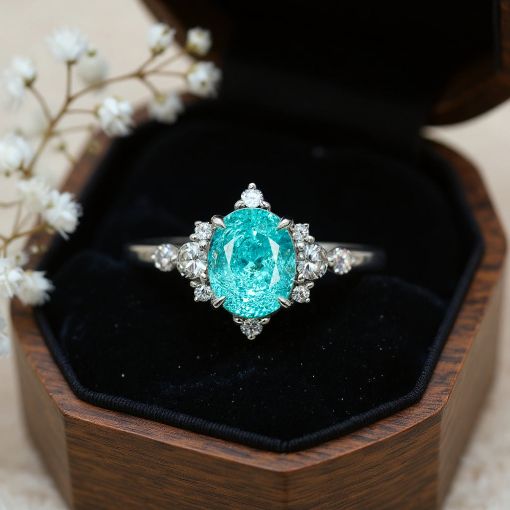 Carlotta Oval Cut Lab Grown Paraiba Ice-crackle Texture Ring