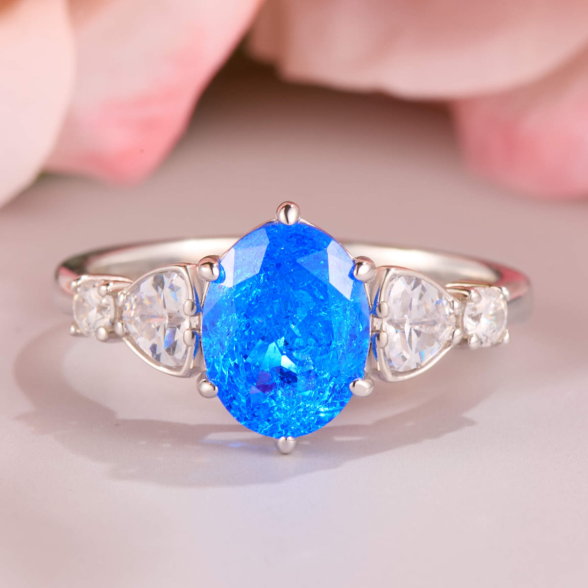 Aurora Belle Oval Cut Lab Grown Blue Spinel Ice-crackle Texture Ring
