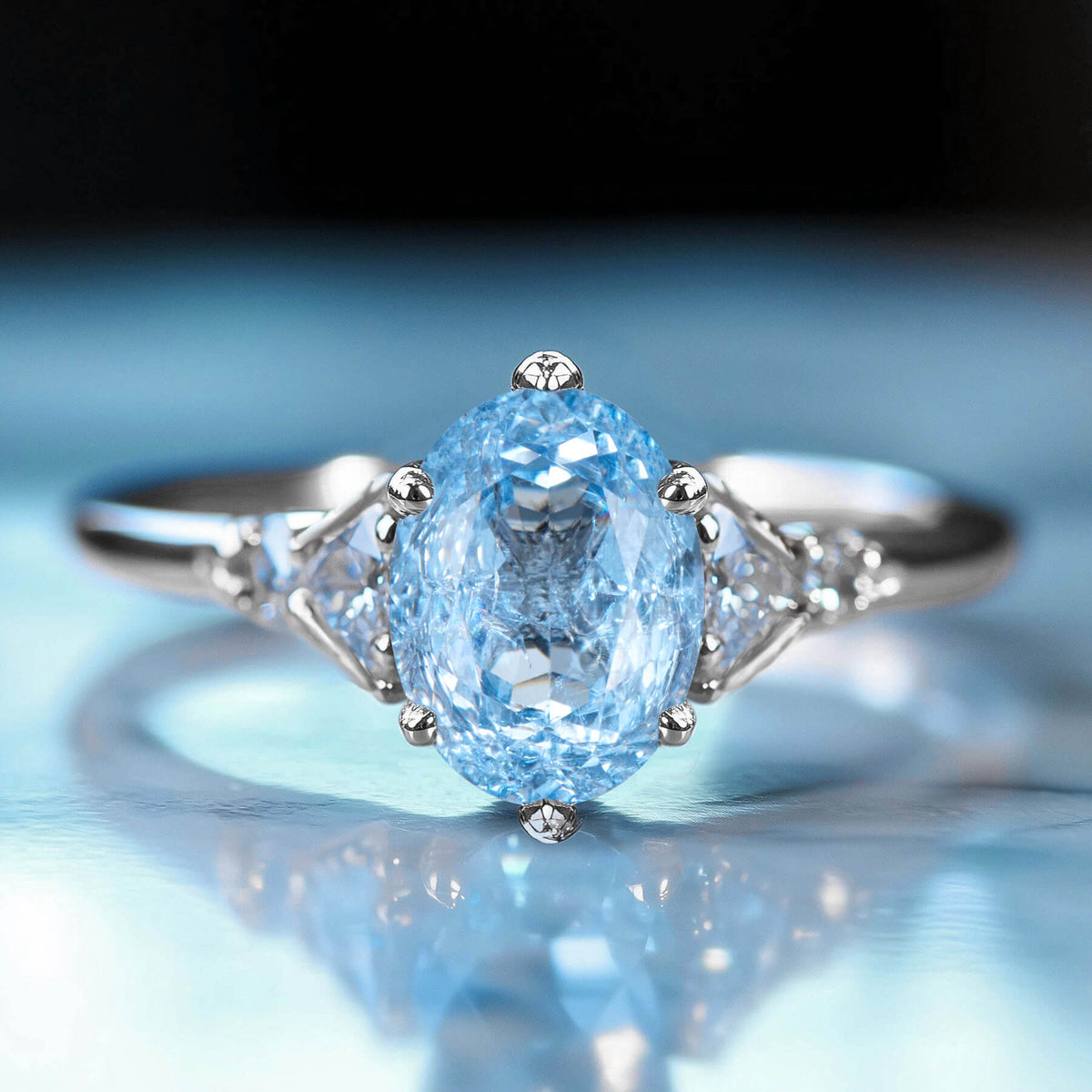 Aurora Belle Oval Cut Lab Grown Aquamarine Ice-crackle Texture Ring