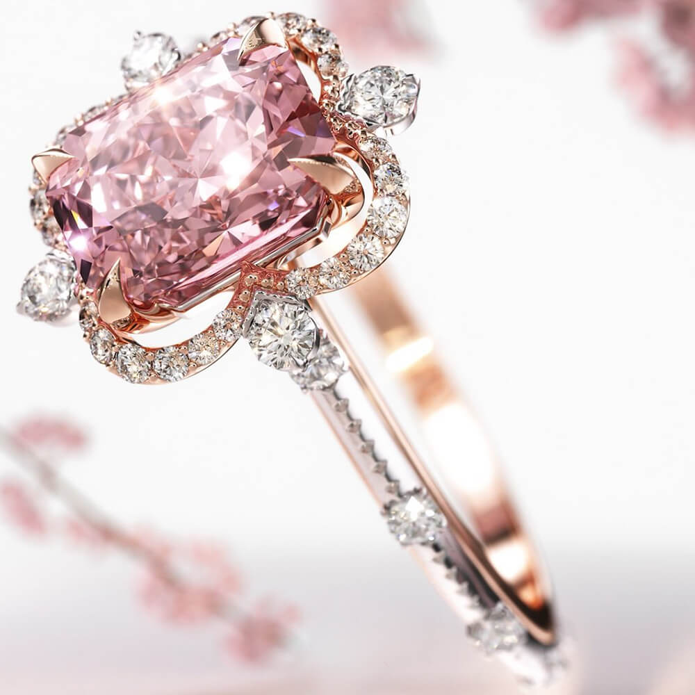 Verlobungsring mit schwebendem Halo-Design und strahlend geschliffenem, ausgefallenem rosa Edelstein
