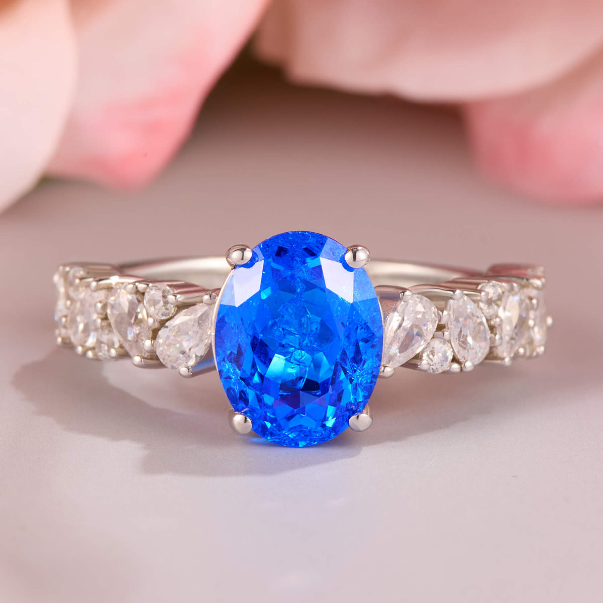 The Celestine Oval Cut Lab Grown Blue Spinel Ice-crackle Texture Ring