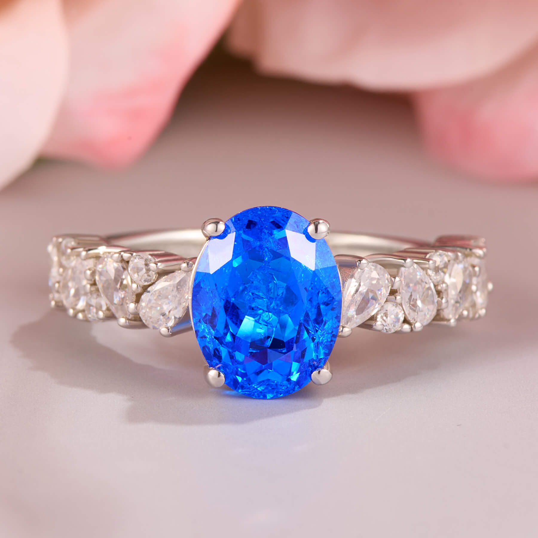 The Celestine Oval Cut Lab Grown Blue Spinel Ice-crackle Texture Ring