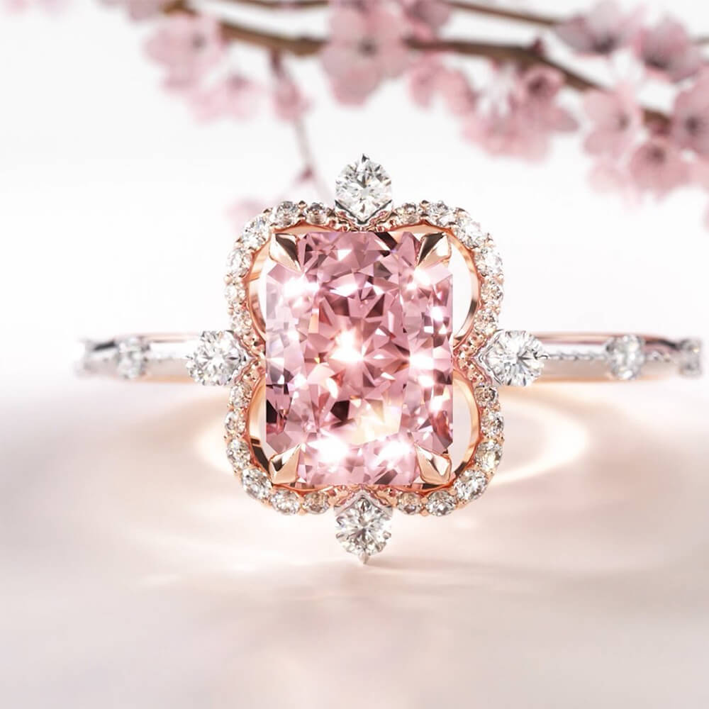 Verlobungsring mit schwebendem Halo-Design und strahlend geschliffenem, ausgefallenem rosa Edelstein