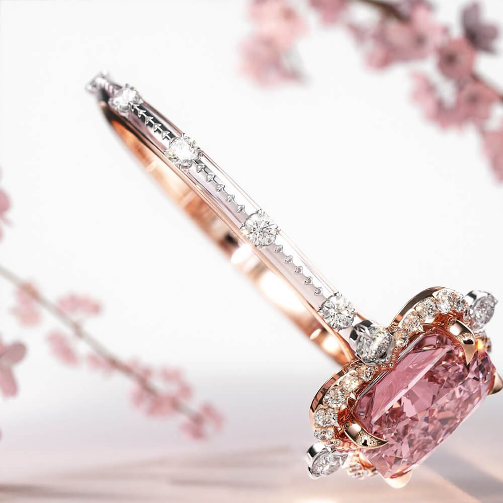 Verlobungsring mit schwebendem Halo-Design und strahlend geschliffenem, ausgefallenem rosa Edelstein