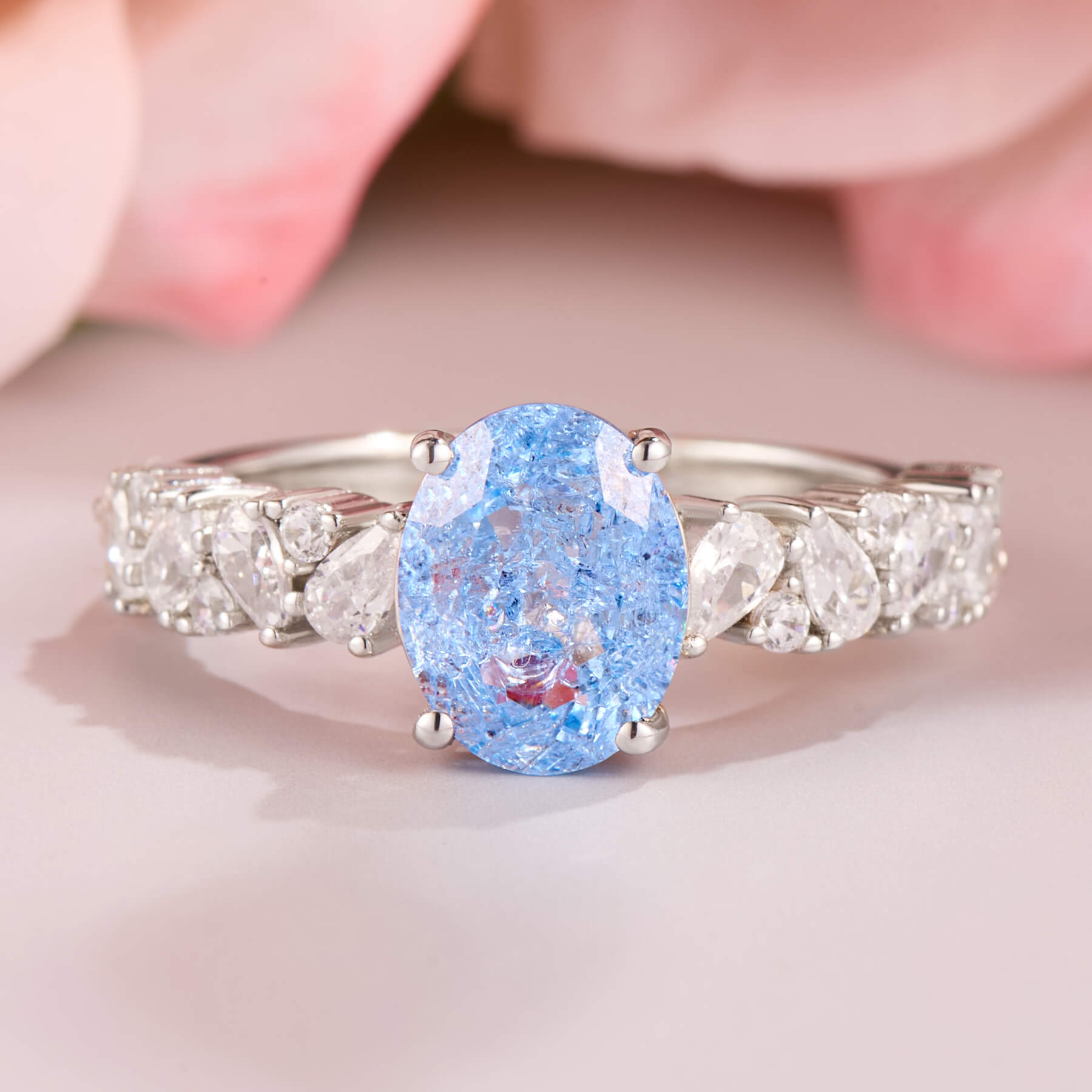 The Celestine Oval Cut Lab Grown Aquamarine Ice-crackle Texture Ring