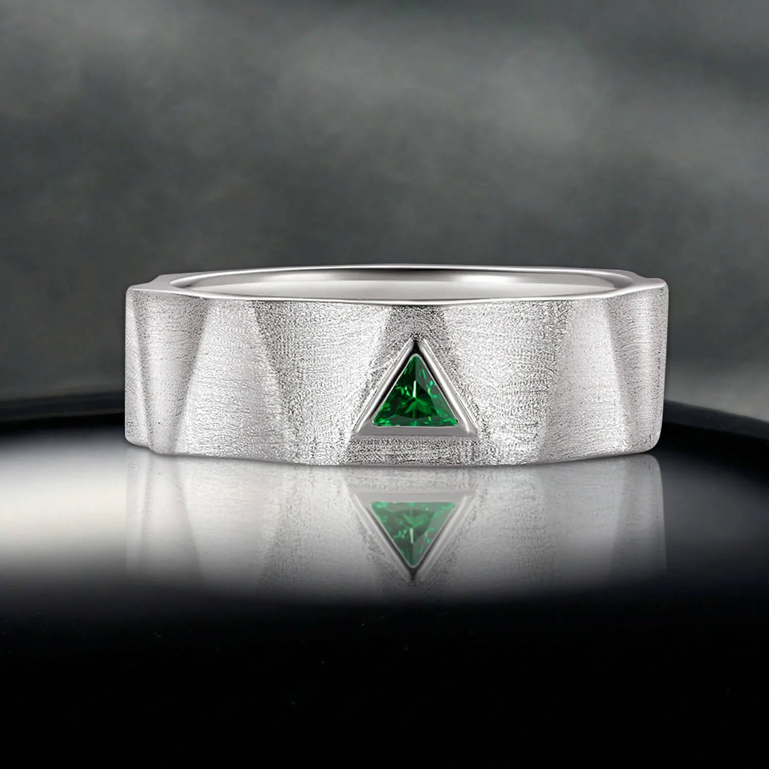 Bezel Triangle Cut Emerald Wedding Band in Sterling Silver
