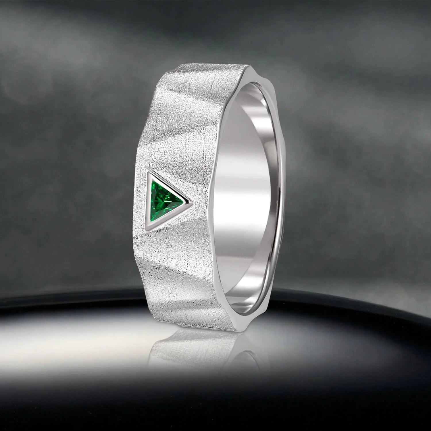 Bezel Triangle Cut Emerald Wedding Band in Sterling Silver
