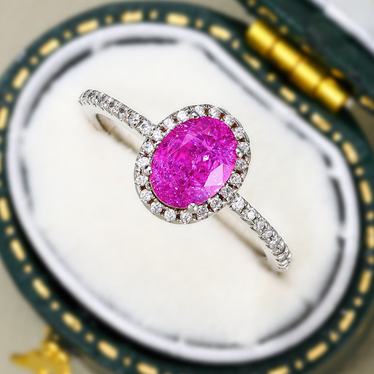 The Odette Oval Cut Lab Grown Rose Sapphire Halo Ring