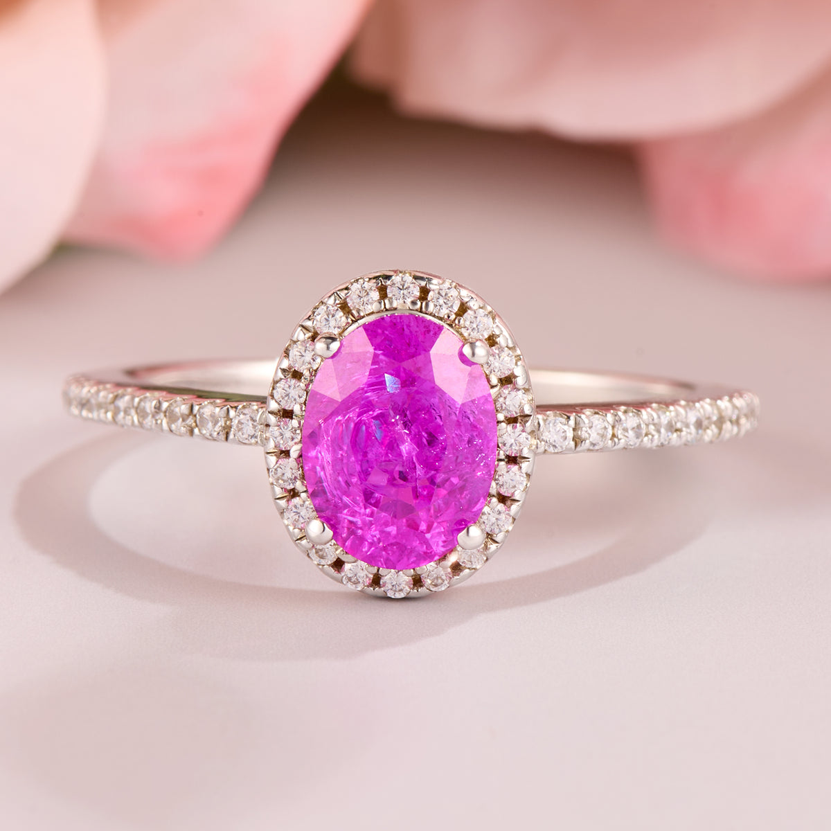 The Odette Oval Cut Lab Grown Rose Sapphire Halo Ice-crackle Texture Ring