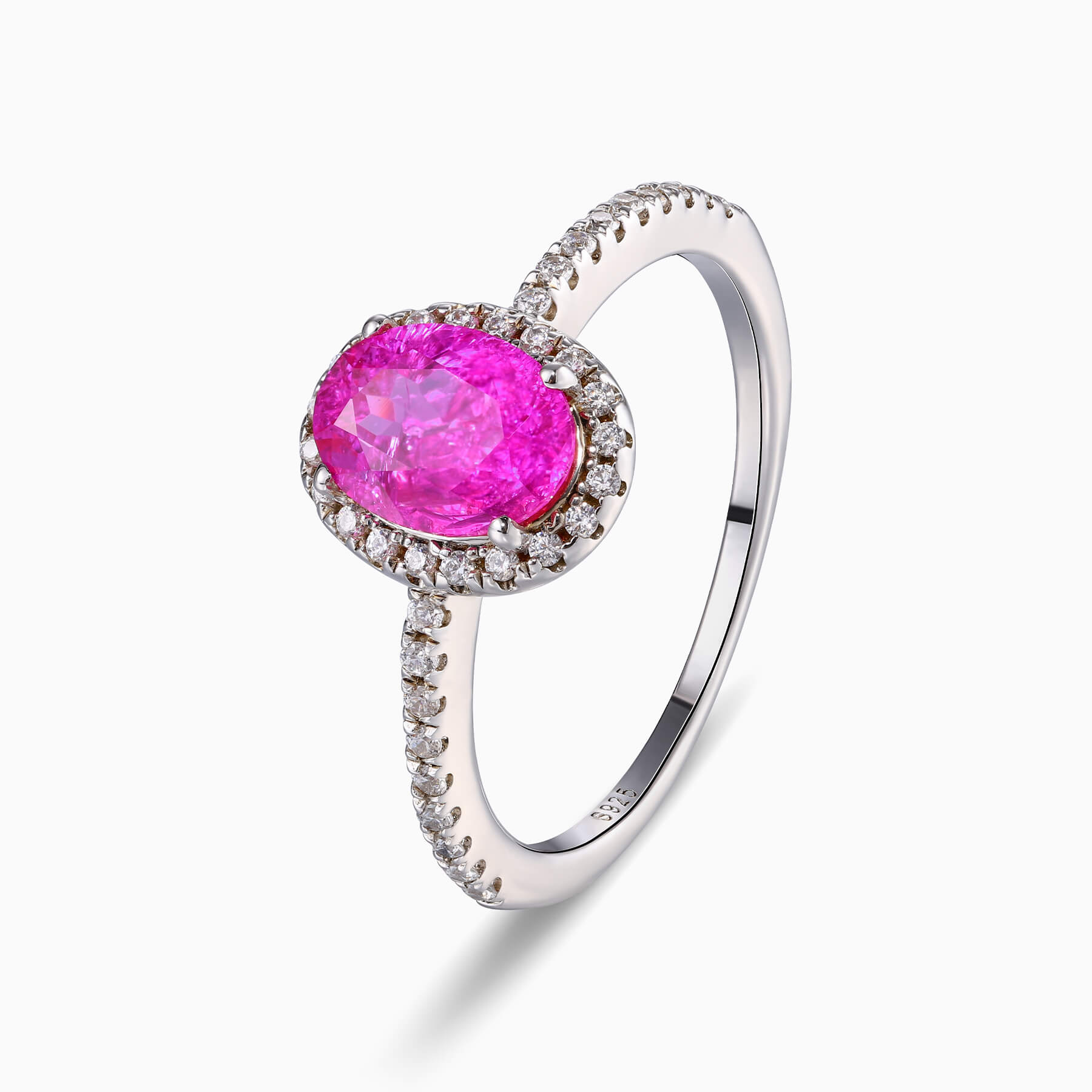 The Odette Oval Cut Lab Grown Rose Sapphire Halo Ice-crackle Texture Ring