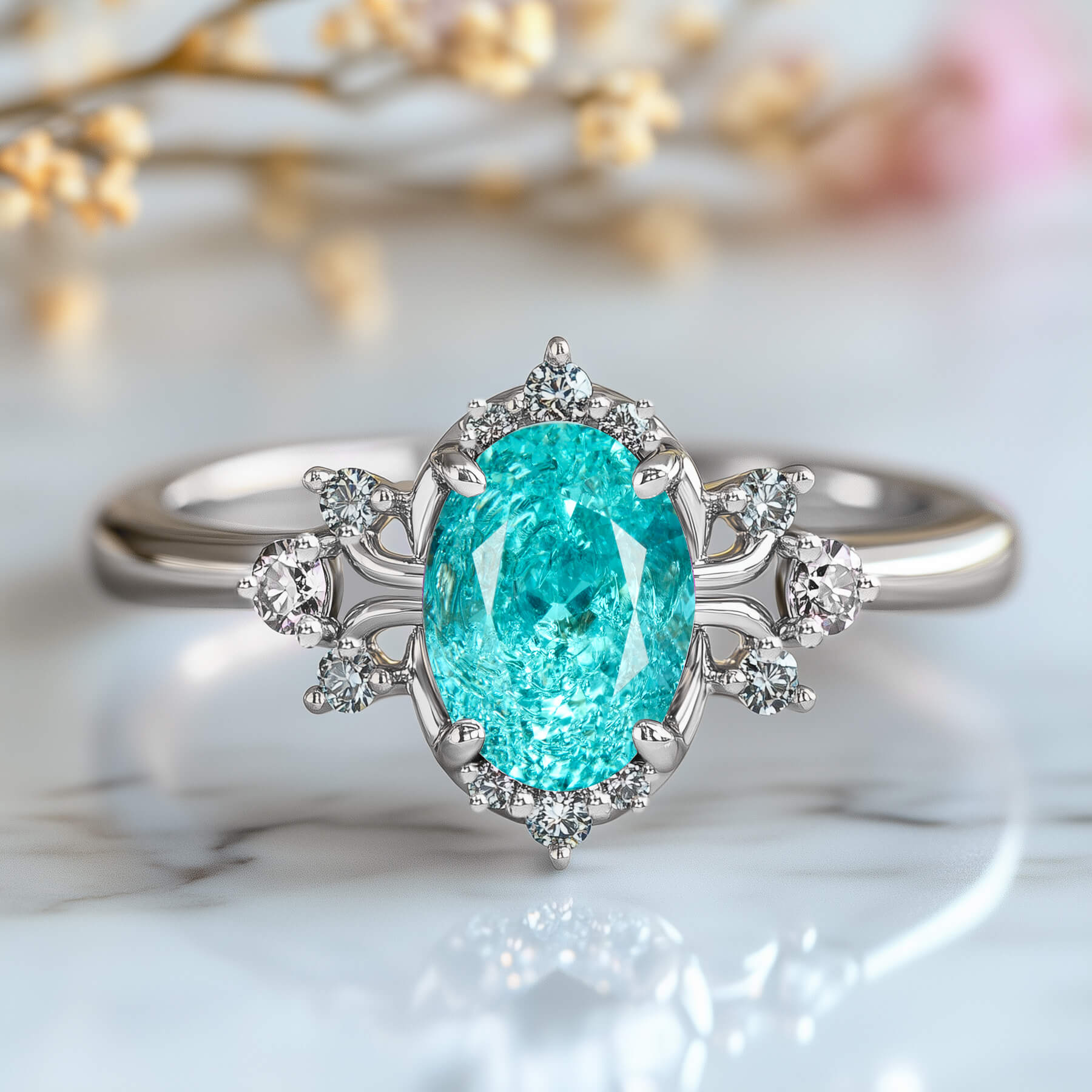 Valoria Oval Cut Lab Grown Paraiba Garnets Ice-crackle Texture Ring