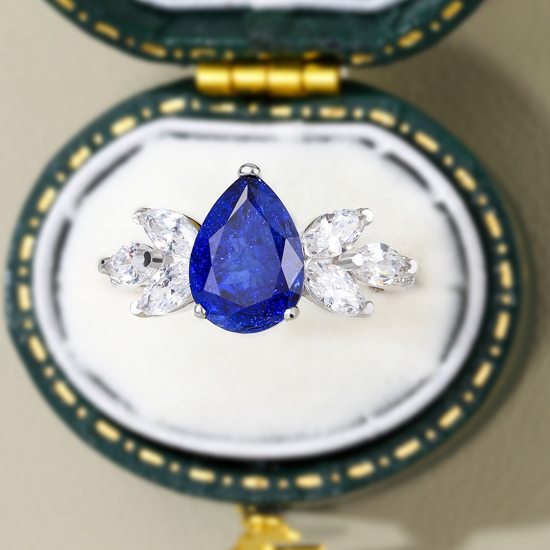 The Luna Pear Cut Lab Grown Royal Blue Sapphire Ring