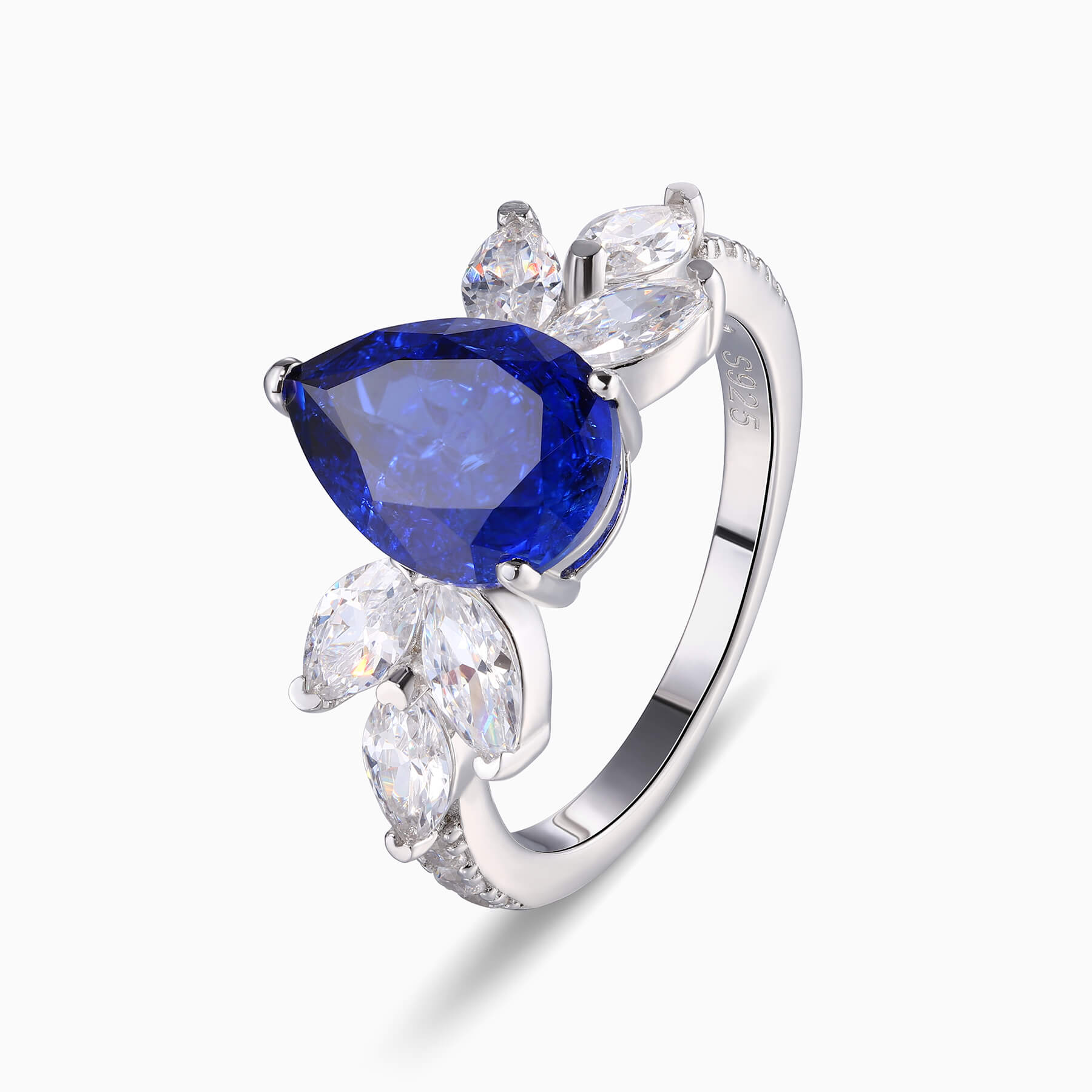 The Luna Pear Cut Lab Grown Royal Blue Sapphire Ice-crackle Texture Ring