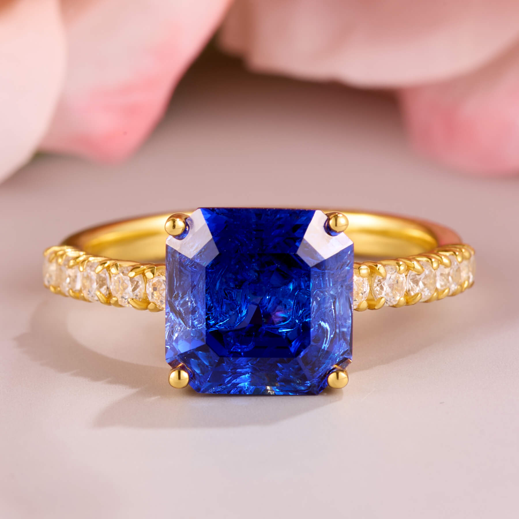 Juliana Hope Cushion Cut Lab Grown Royal Blue Sapphire Ice-crackle Texture Ring