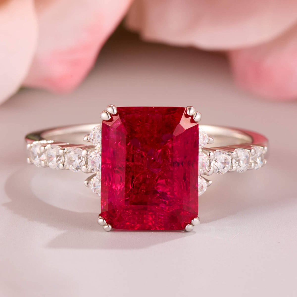 The Bella Emerald Cut Lab Grown Ruby Sapphire Ice-crackle Texture Ring
