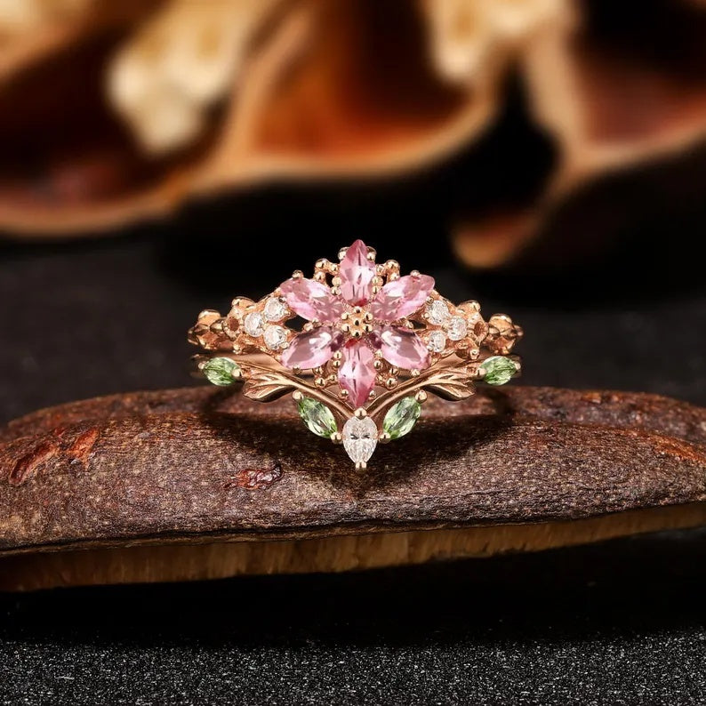 Nature Inspired Flower Pear Cut Pink Gemstone Engagement Ring Set