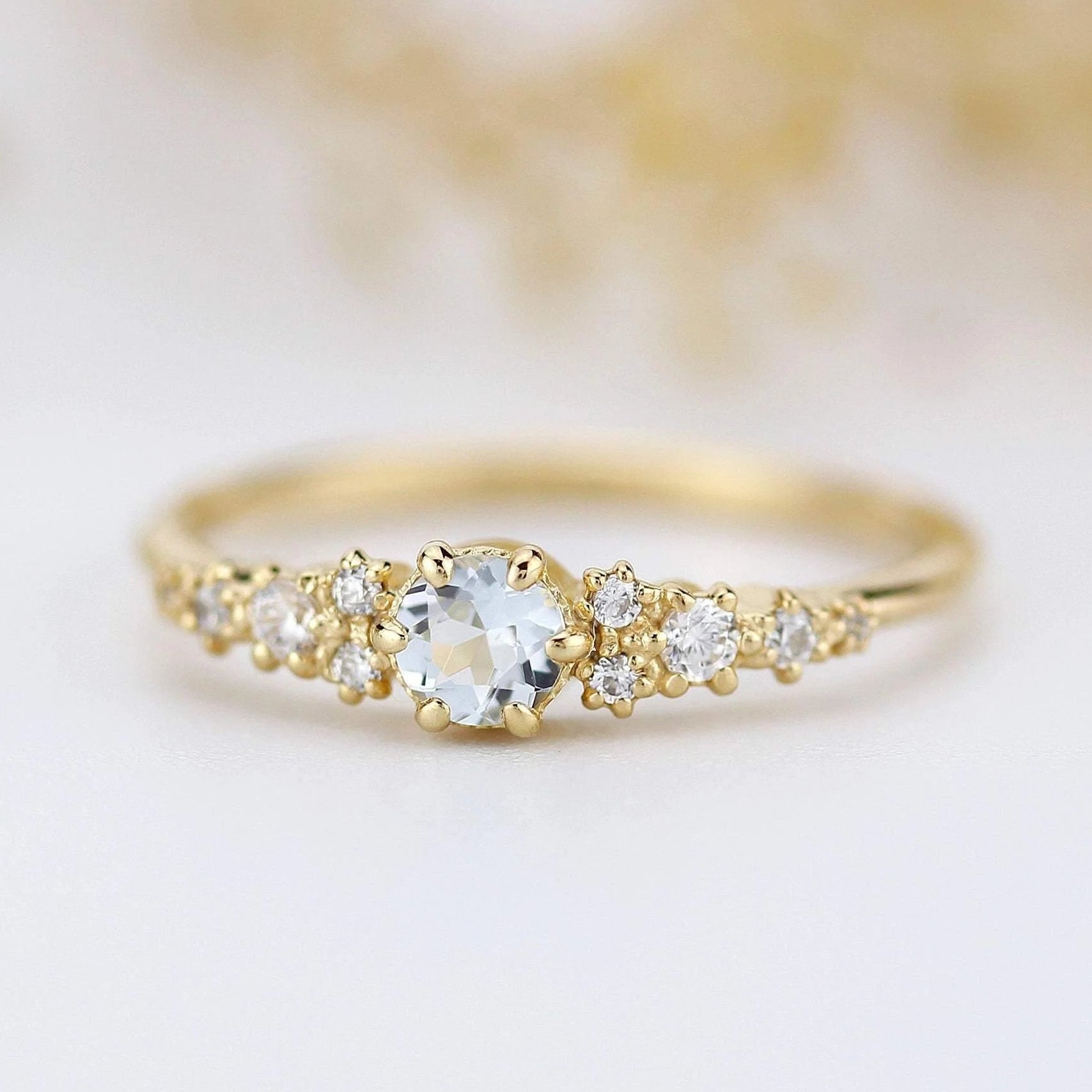 Round Cut Lab Grown Aquamarine Cluster Engagement Ring