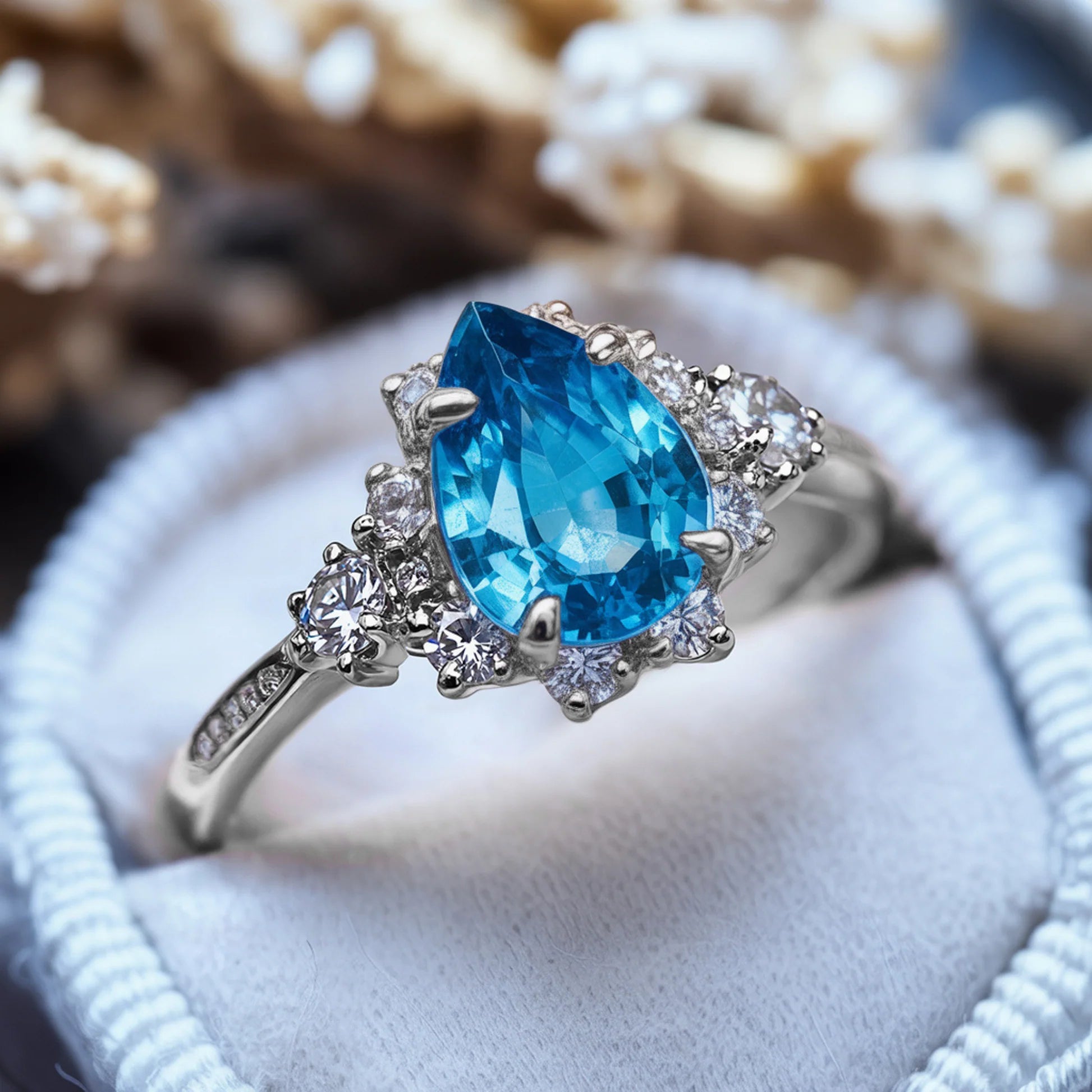 The Bethany Pear Cut Blue Gemstone Halo Ring