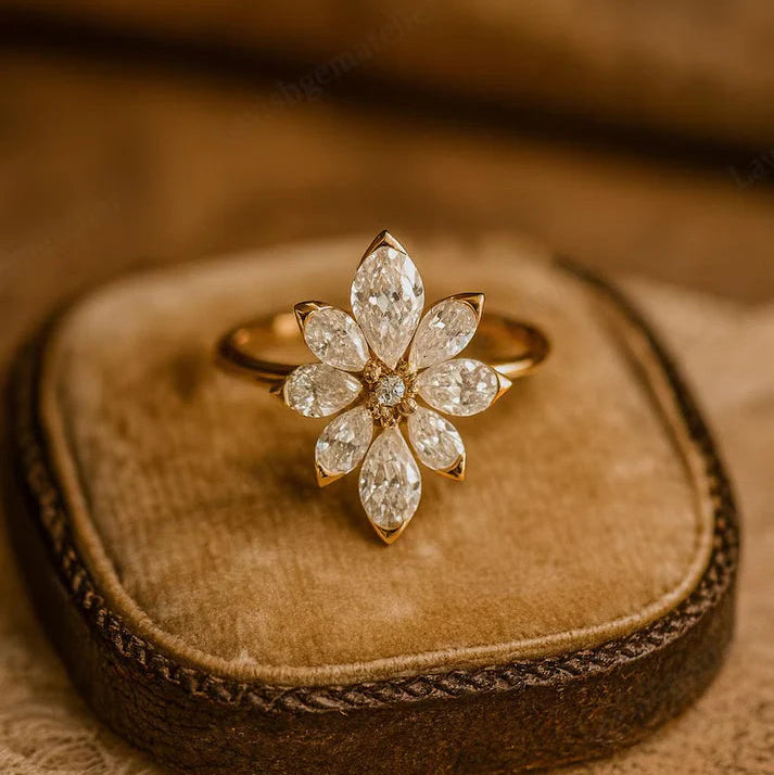 Flower Pear Cut Moissanite Engagement Ring