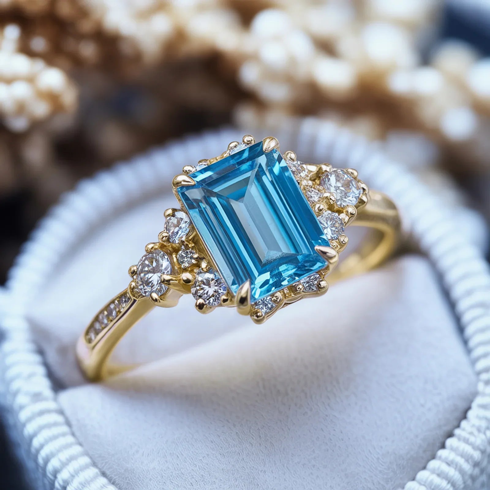 The Bethany 2CT Emerald Cut Blue Moissanite Halo Ring