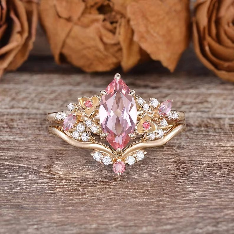 Nature Inspired Floral Marquise Cut Pink Gemstone Engagement Ring Set