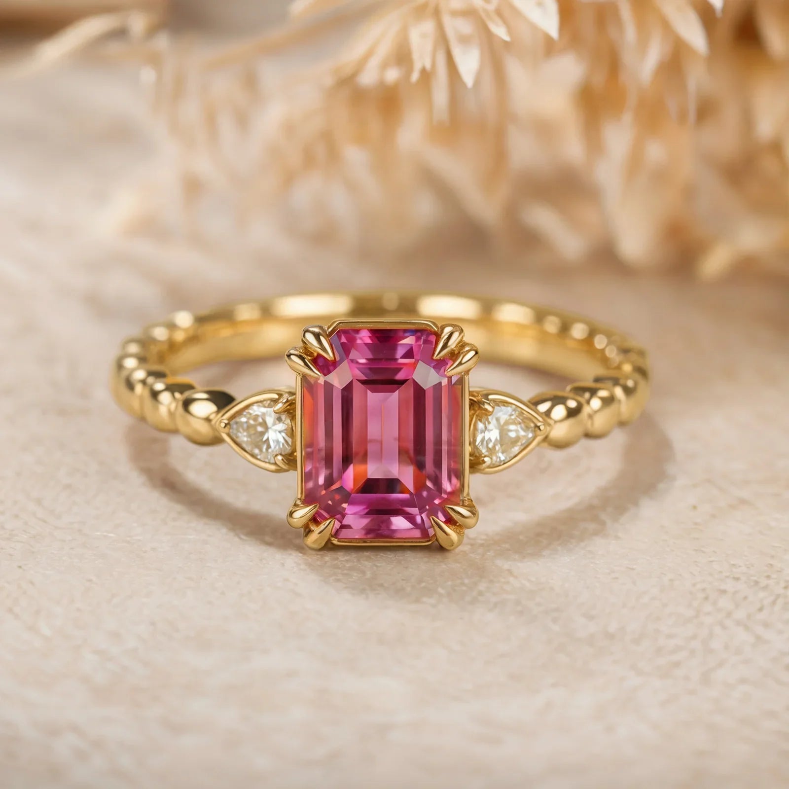 The Elowyn Emerald-Cut Rose Pink Gemstone Ring
