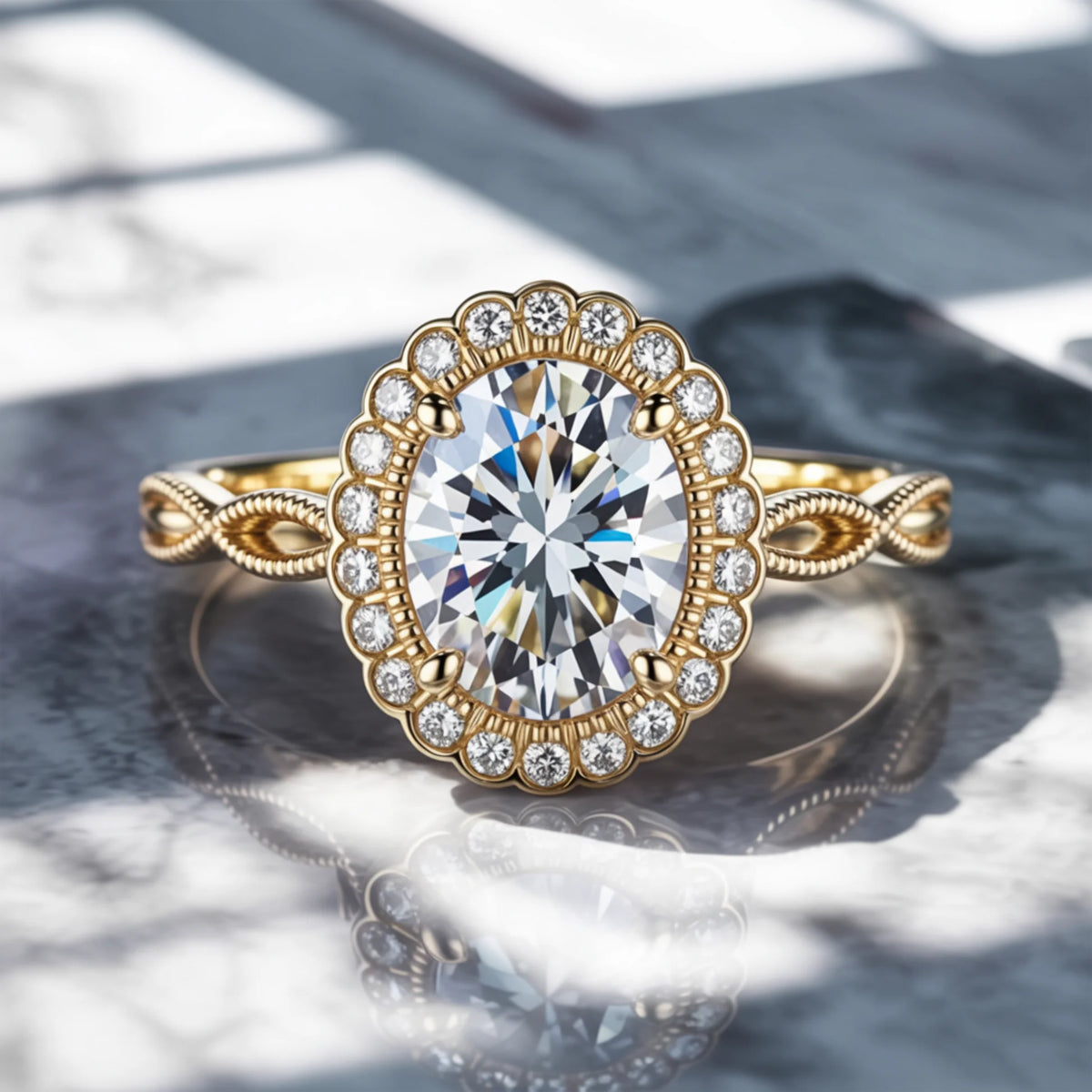 The Rosalind 3CT Oval Cut Moissanite Halo Ring