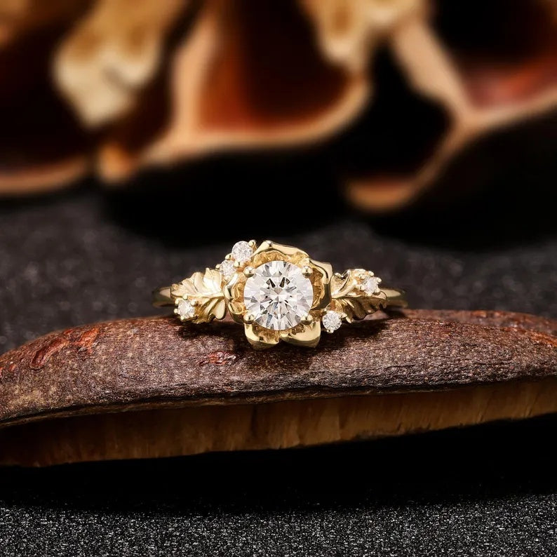 Nature Inspired Floral Round Cut Moissanite Engagement Cluster Ring