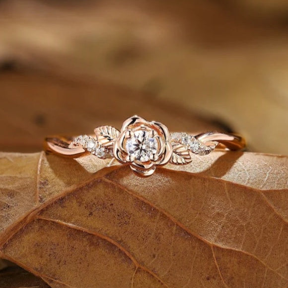 Nature Inspired Flower & Leaf Round Cut Moissanite Engagement Ring