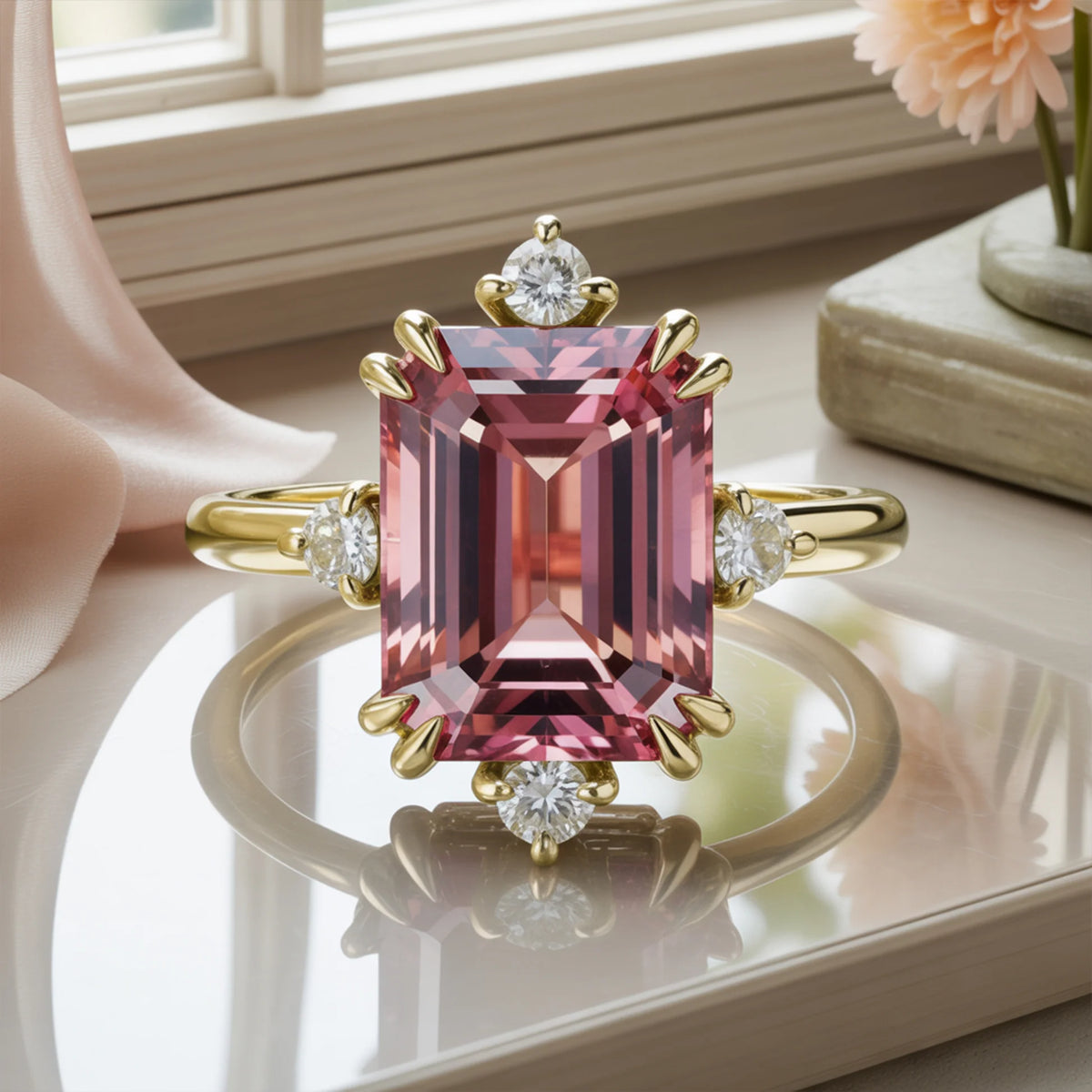 Calenith 5CT Emerald-Cut Pink Gemstone Ring