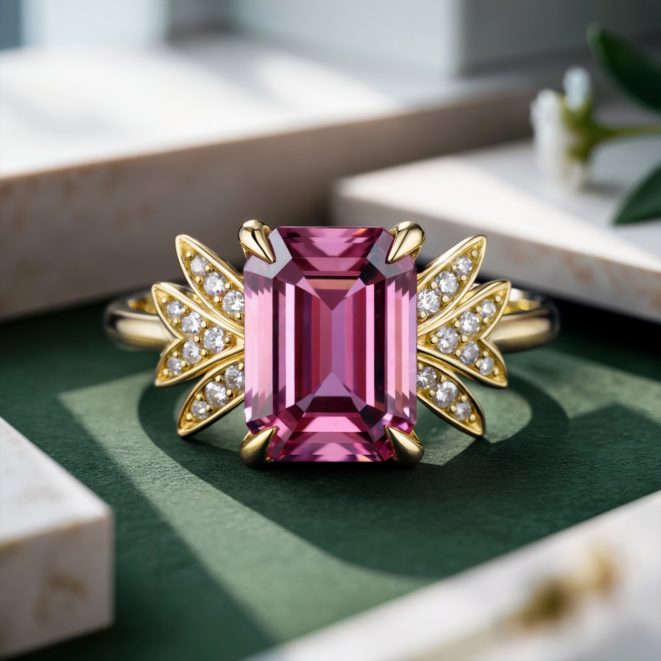 Evadne Pink Emerald-Cut Pink Gemstone Ring