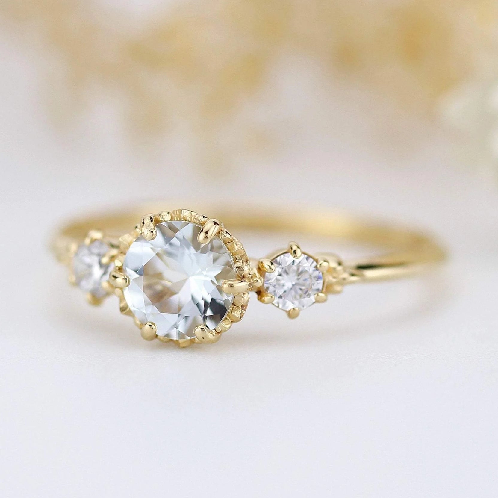 Round Cut Lab Grown Aquamarine Three-Stone Engagement Ring