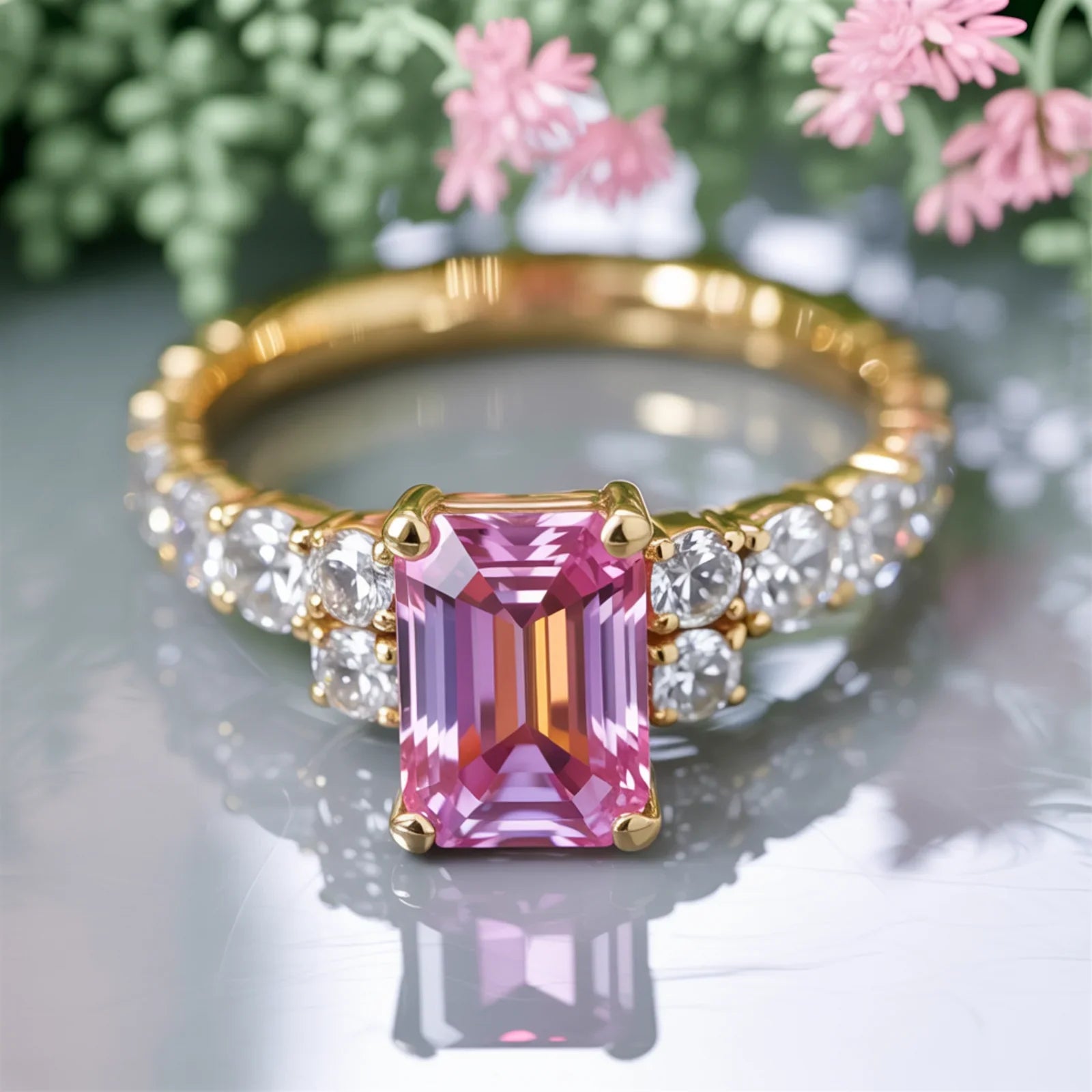 Der Adelina Rae Ring mit smaragdgeschliffenem rosa Edelstein
