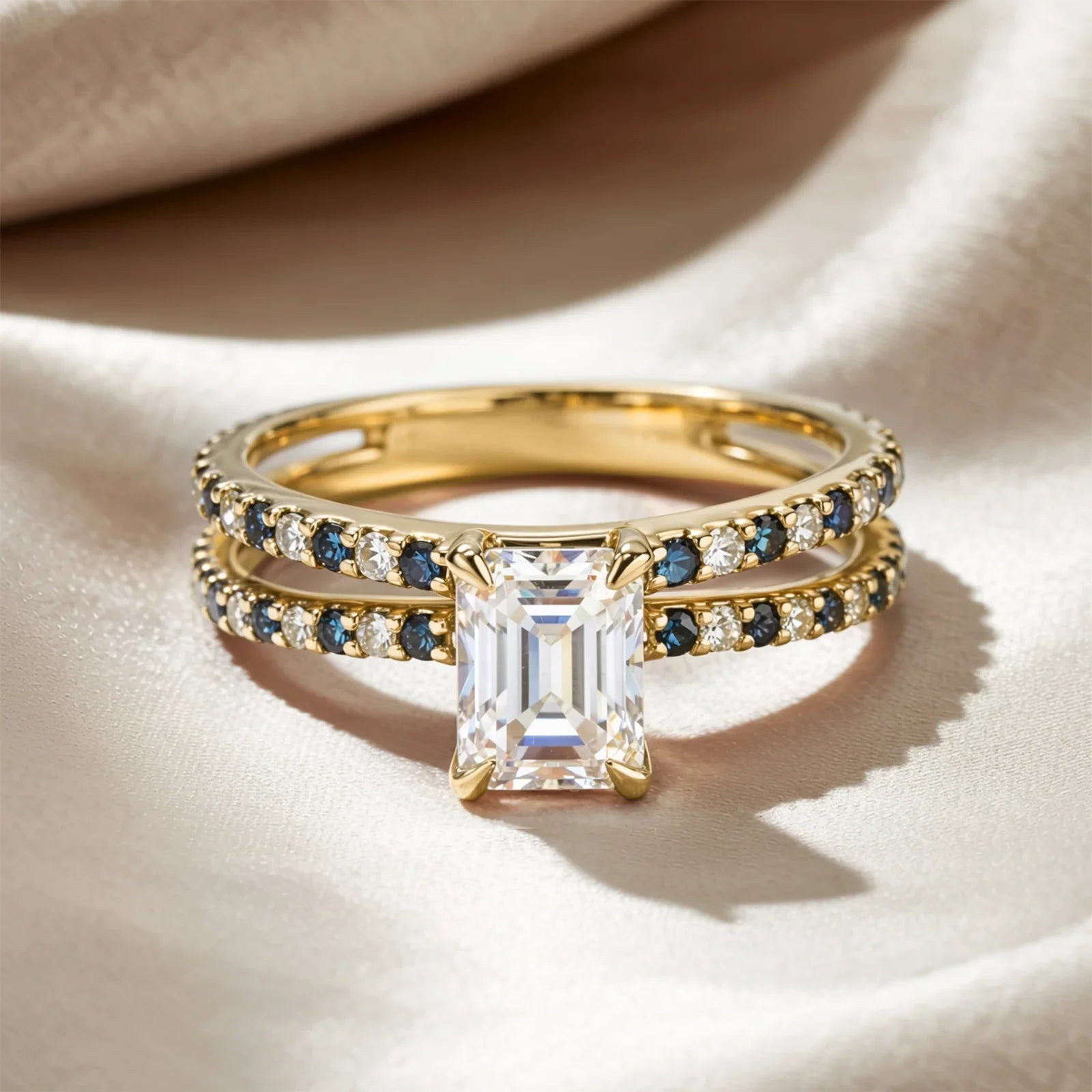 The Cerulean Divide Eternity Emerald Cut Moissanite Ring