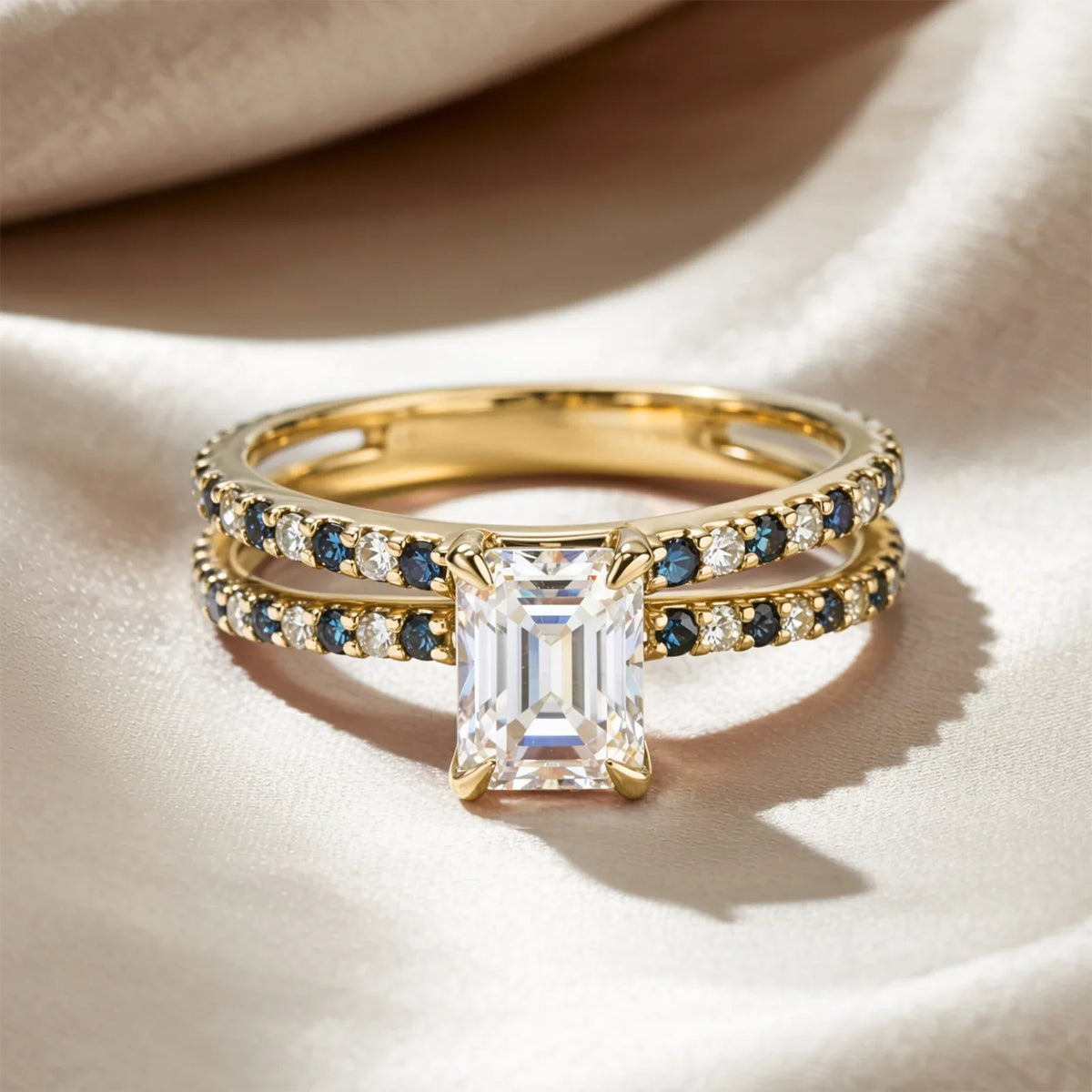 The Cerulean Divide 2CT Eternity Emerald Cut Moissanite Ring