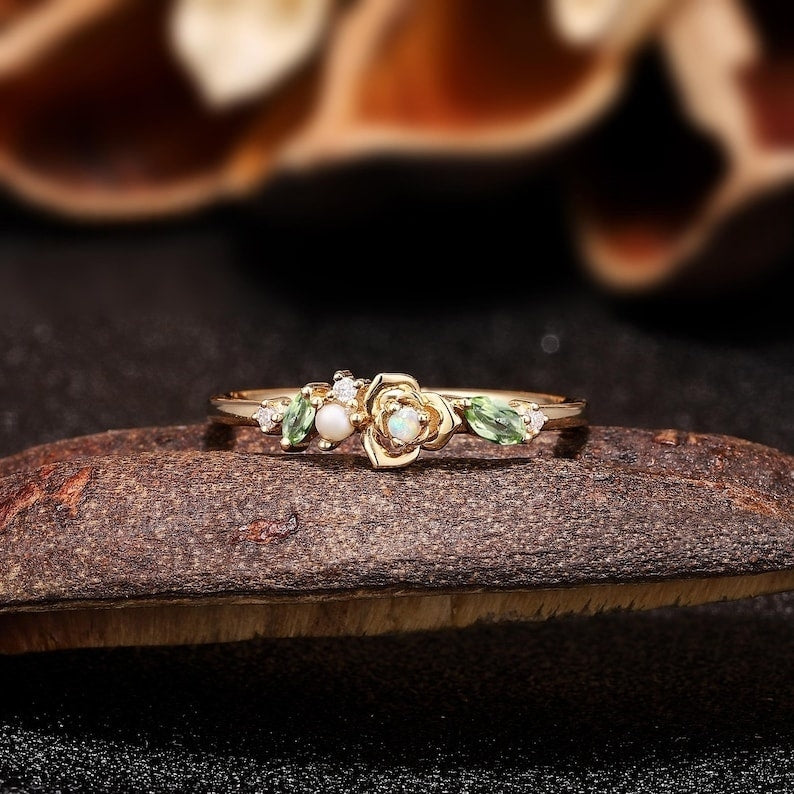 Nature Flower Round Cut Opal Peridot Engagement Ring