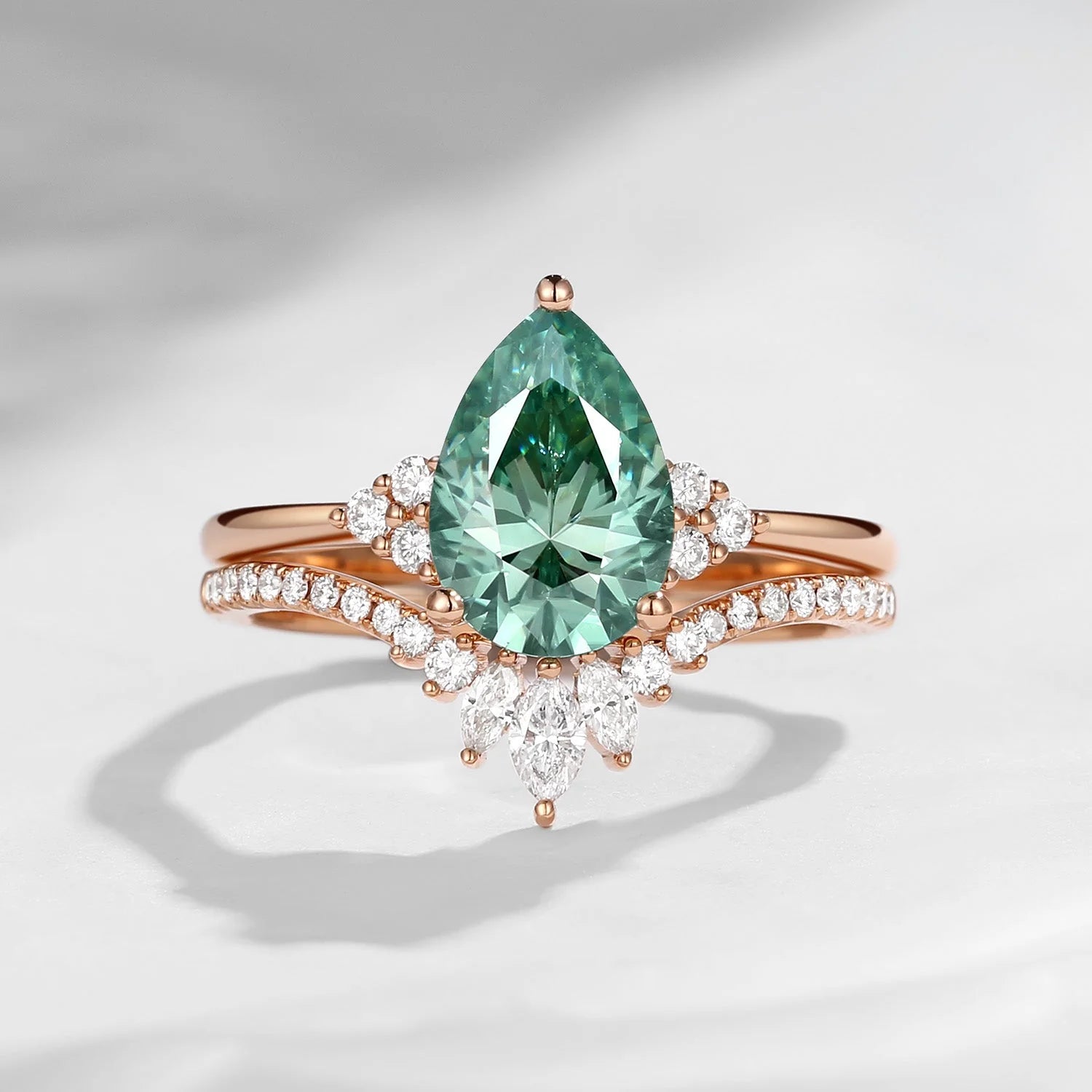 Dissoo® Rosa florales birnenförmiges Goldring-Set mit gebogenem Stapelring