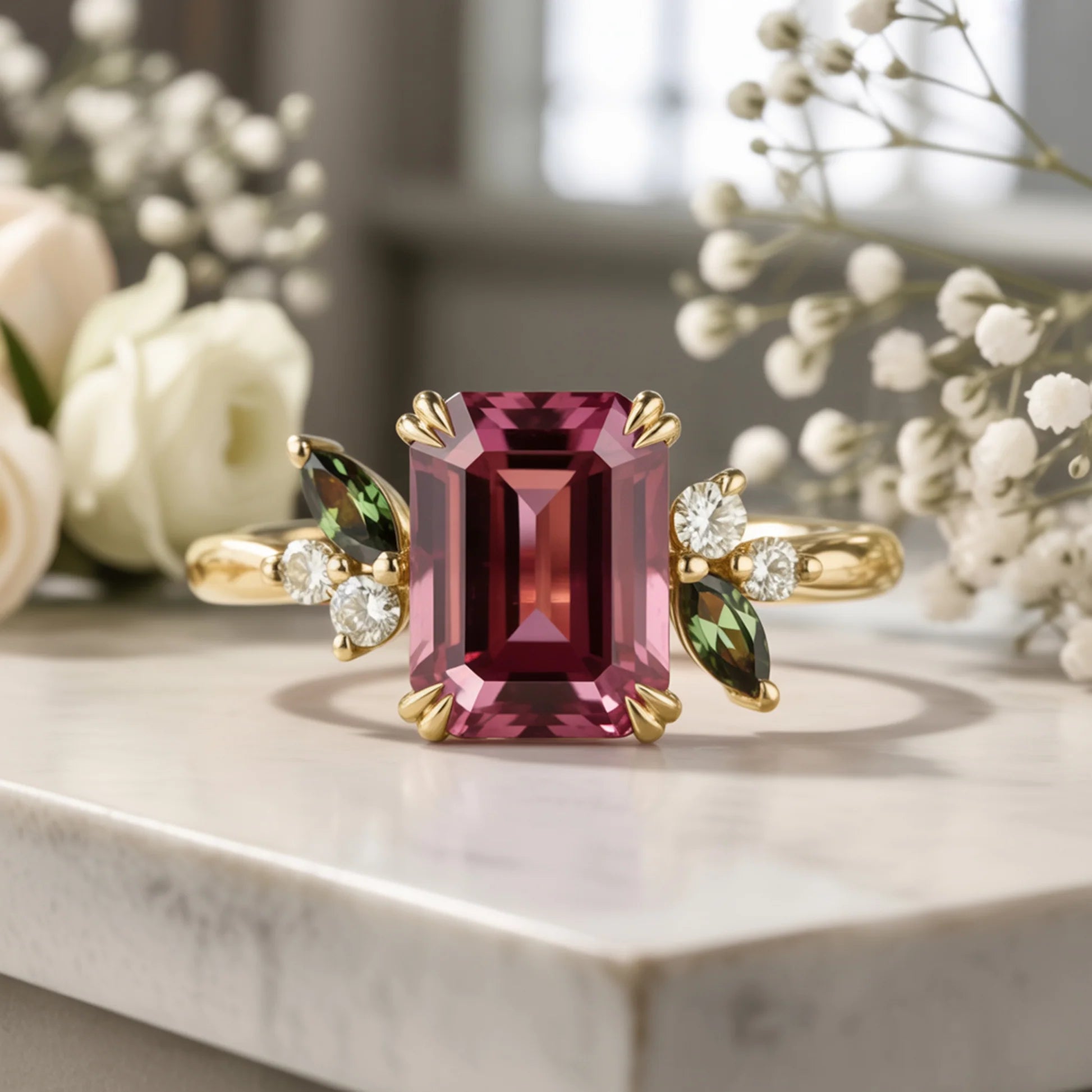 Virelia Vintage Ring mit smaragdgeschliffenem, verschlungenem Zweig und rosa Edelstein