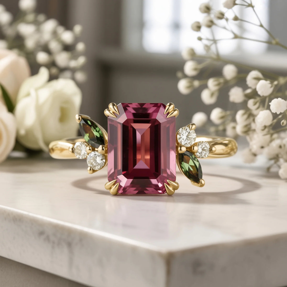 Virelia Vintage 3CT Emerald-Cut Entwined Branch Pink Gemstone Ring