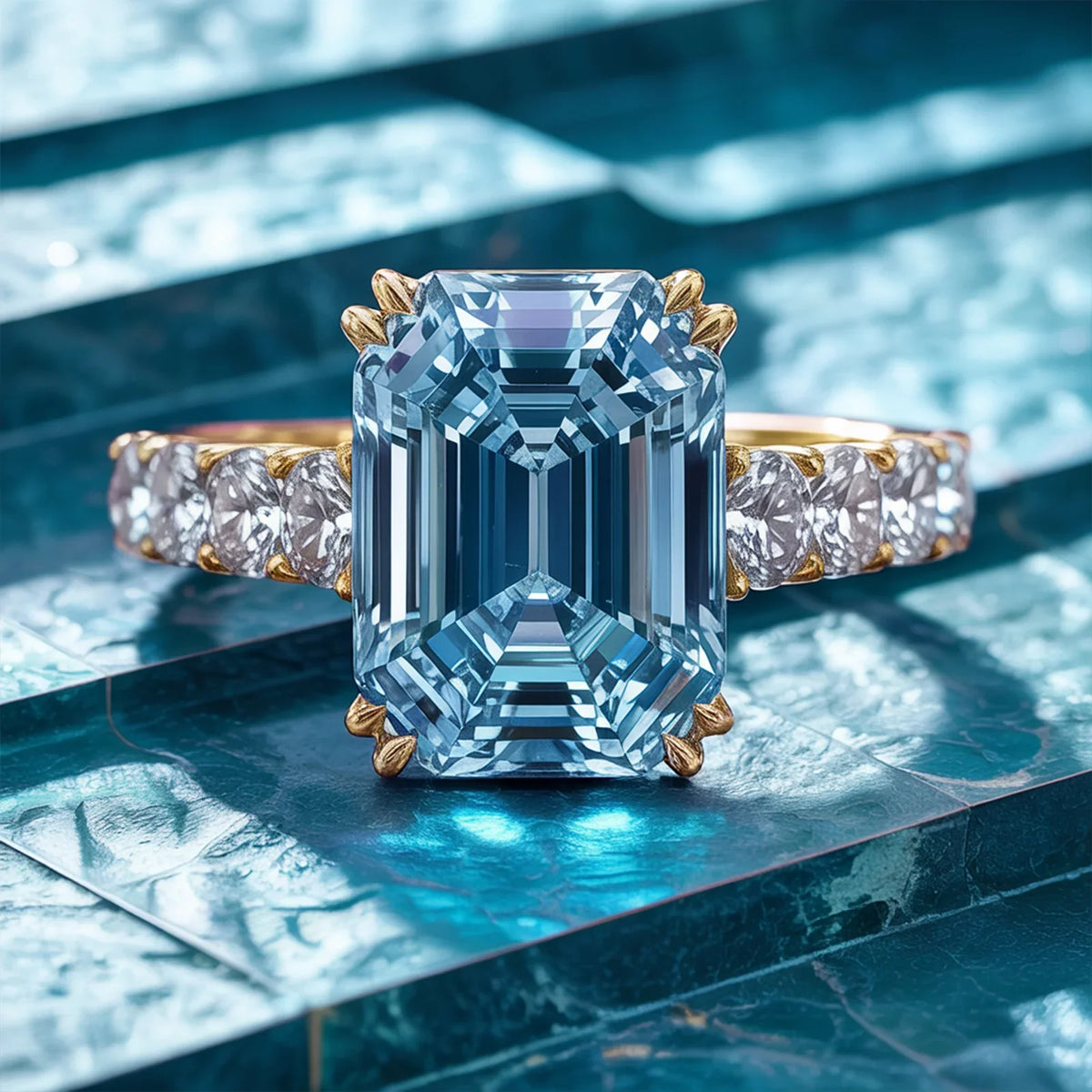 The Camellia 3CT Emerald Cut Blue Gemstone Ring