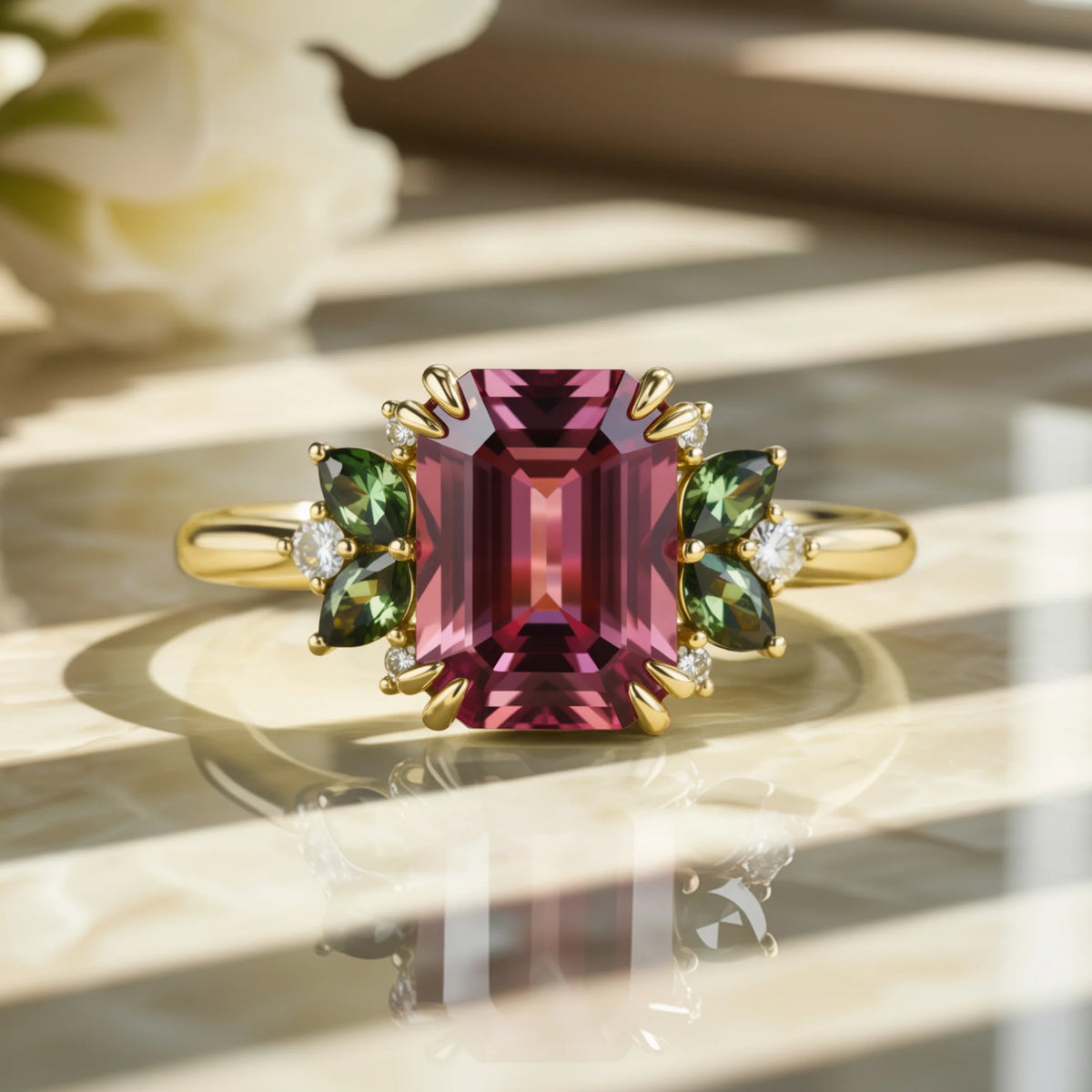 Solandra 3CT Emerald Cut Burgundy Gemstone Ring