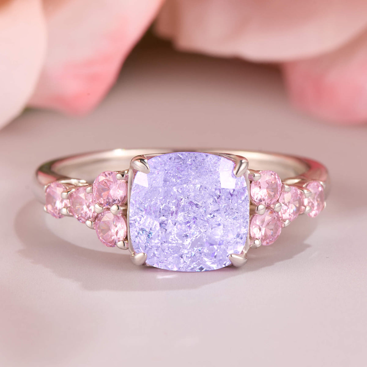 The Gisella Asscher Cut Lab Grown Lavender Garnets Ice-crackle Texture Ring