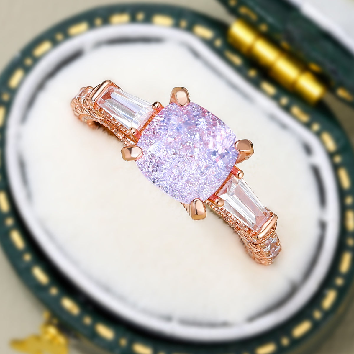 Decagon Nova Diamond Cut Lab Grown Lavender Garnets Ice-crackle Texture Ring