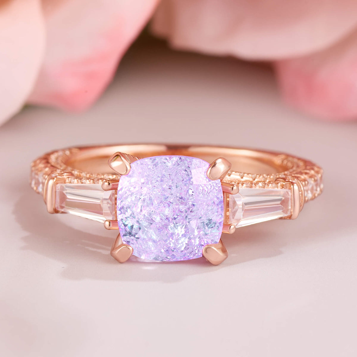 Decagon Nova Diamond Cut Lab Grown Lavender Garnets Ice-crackle Texture Ring