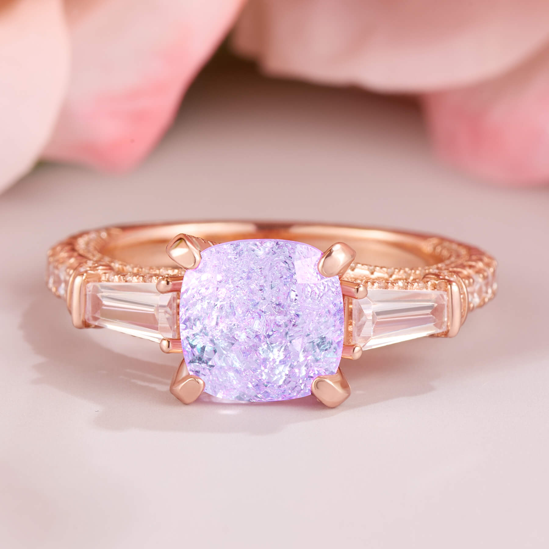 Decagon Nova Diamond Cut Lab Grown Lavender Garnets Ice-crackle Texture Ring